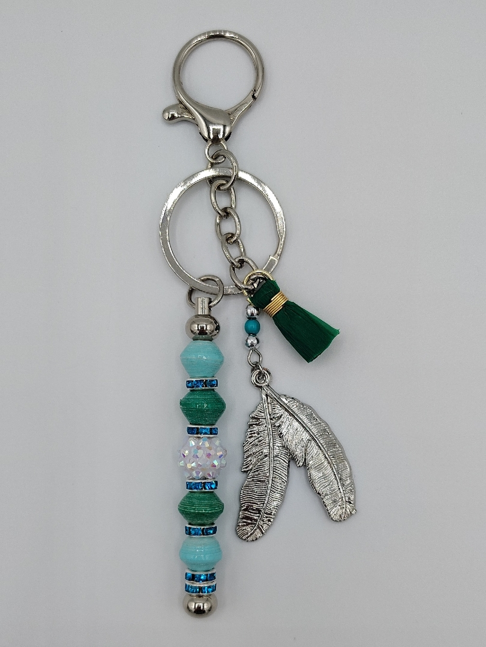 Handcrafted Silver Feather & Green Tassel Keychain/Bag Charm w/ Aqua Beads